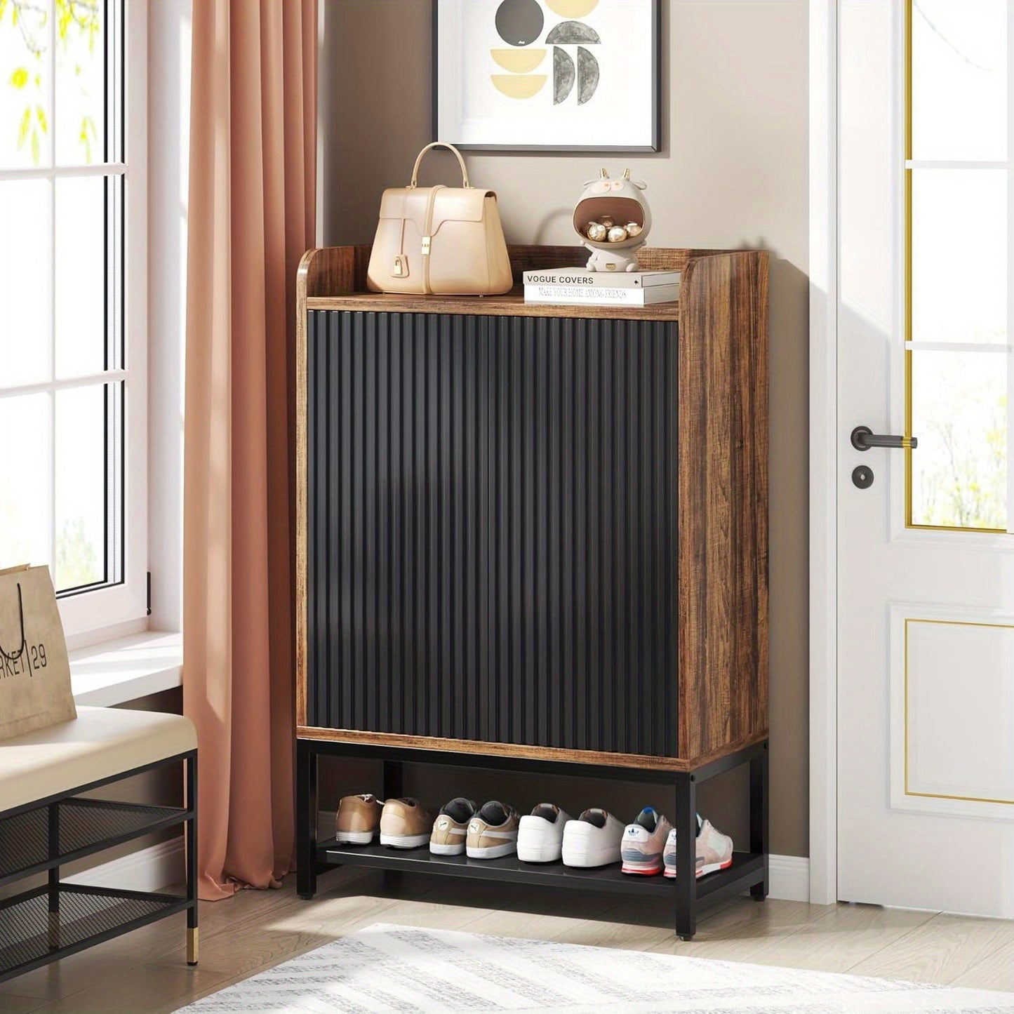 Shoe Cabinet with Doors, 5-Tier Shoe Storage Cabinet for Entryway Hallway, Wooden Shoe Rack Organizer Cabinet for 15-20 Pair of Shoes, Black and Brown (1)