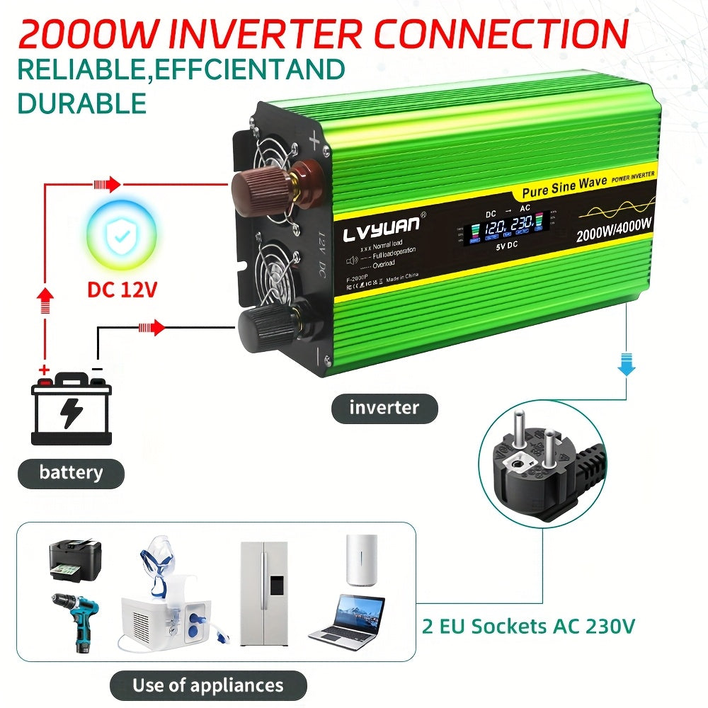 Zuivere Sinusgolf Omvormer – Stroomomzetter – DC-AC Converter – Spanningsomzetter – 24V Omvormer – 2000W Continu Vermogen – Draadloze Afstandsbediening & LCD Display