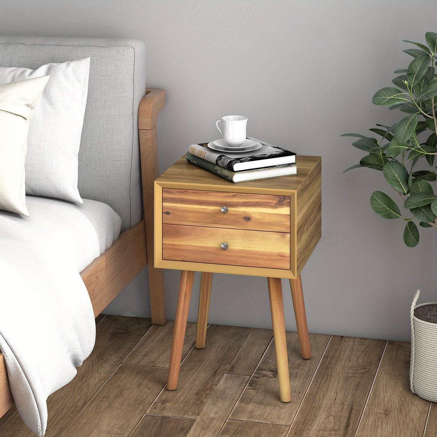 Nachtkastje – Nachtkastjes – Bijzettafel – Ladekastje – Slaapkamertafel – Hout – 2 Lades – Natuurlijk Rubberhout – 40x40x59,5 cm