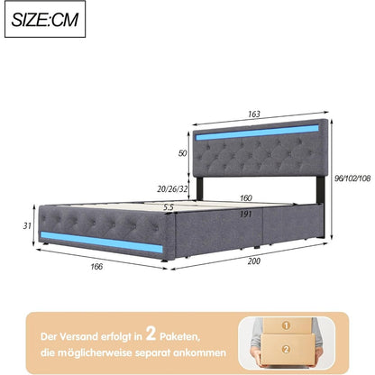 Bed 180x200 cm – Tweepersoonsbed – Opbergbed – Led Bed – Stalen Bedframe – Fluwelen Hoofdbord – USB Oplaadpoort – Vier Lade Opbergruimte