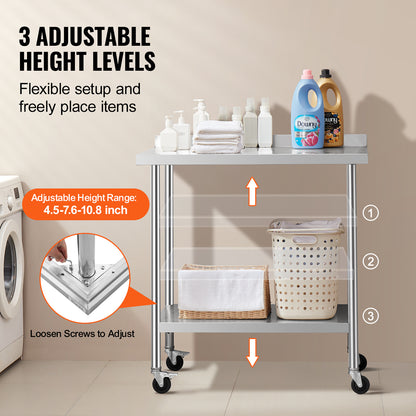 Roestvrijstalen Werktafel – RVS Werkbank – Keukentafel – Cateringtafel – Werkbank Op Wielen – 61x91,5x102 cm – 0,8 mm Roestvrij Staal