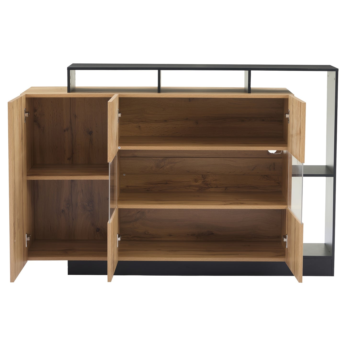 Modern Oak Veneer MDF Glazen Kast – Sideboard – Dressoir – Credenza – Opbergkast – Glazen Deuren – Zwart Frame – Eikenhout Afwerking – 68,58 cm Hoog – Zonder Spaanplaat