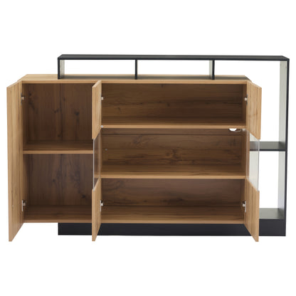 Modern Oak Veneer MDF Glazen Kast – Sideboard – Dressoir – Credenza – Opbergkast – Glazen Deuren – Zwart Frame – Eikenhout Afwerking – 68,58 cm Hoog – Zonder Spaanplaat