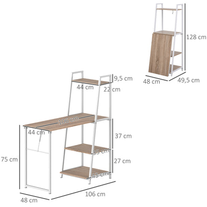 Bureau – Bureautafel – Computerbureau – Werkplek – Klapbureau – Ruimtebesparend Ontwerp – 4 Geïntegreerde Planken – Licht Eikenhout Look – Wit Metalen Frame
