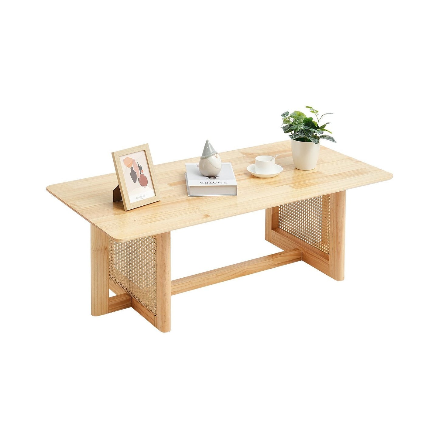 Rotan Salontafel – Rattan Tafel – Bijzettafel – Koffietafel – Rieten Tafel – Rechthoekig – Handgevlochten Rotan – Massief Houten Blad