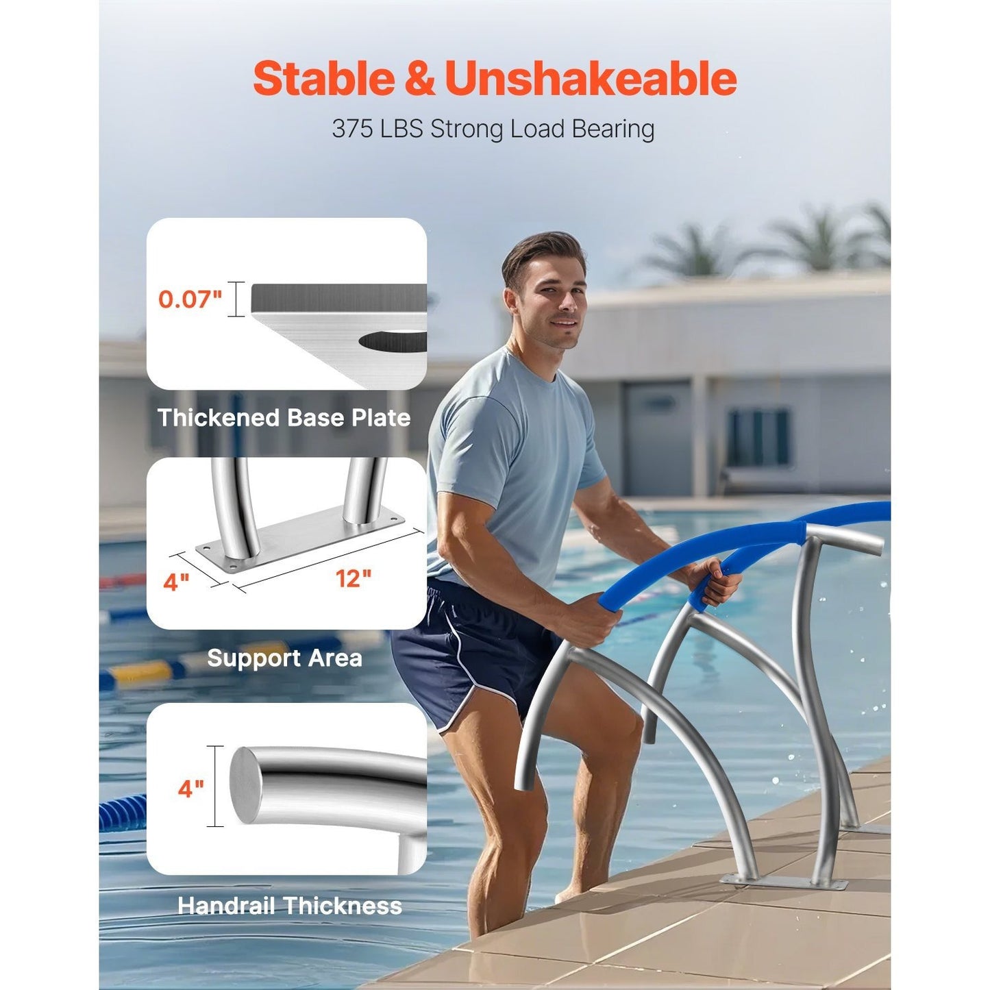 Zwembadtrapleuning – Zwembadhandgreep – Zwembadrail – Trapleuning Zwembad – Zwembad Steun – Roestvrij Staal – 76 x 76 cm – Max Belastbaarheid 170 kg – Compleet Montageset