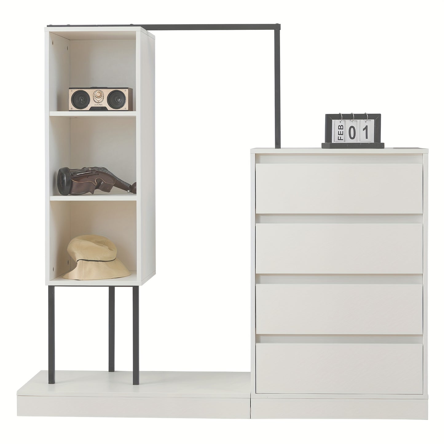 Modern White Metal Chest of Drawers & Wardrobe Set - Freestanding 5-Drawer Dresser with Hanger Rod, Heavy-Duty Non-Wood, Space-Saving Furniture for Small Spaces, Easy Assembly (No Wood Parts), 140x40x135cm)