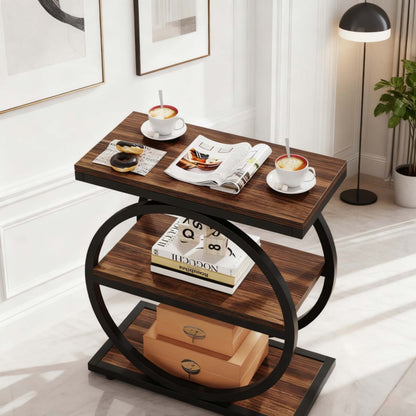 Wood Side Table with Black Metal Frames, Narrow End Table with 3 Storage Shelves, Industrial Small Sofa Side Table for Living Room, Slim Nightstand and Bedside Table for Reception Room, Christmas Holiday Decor, Versatile Acce