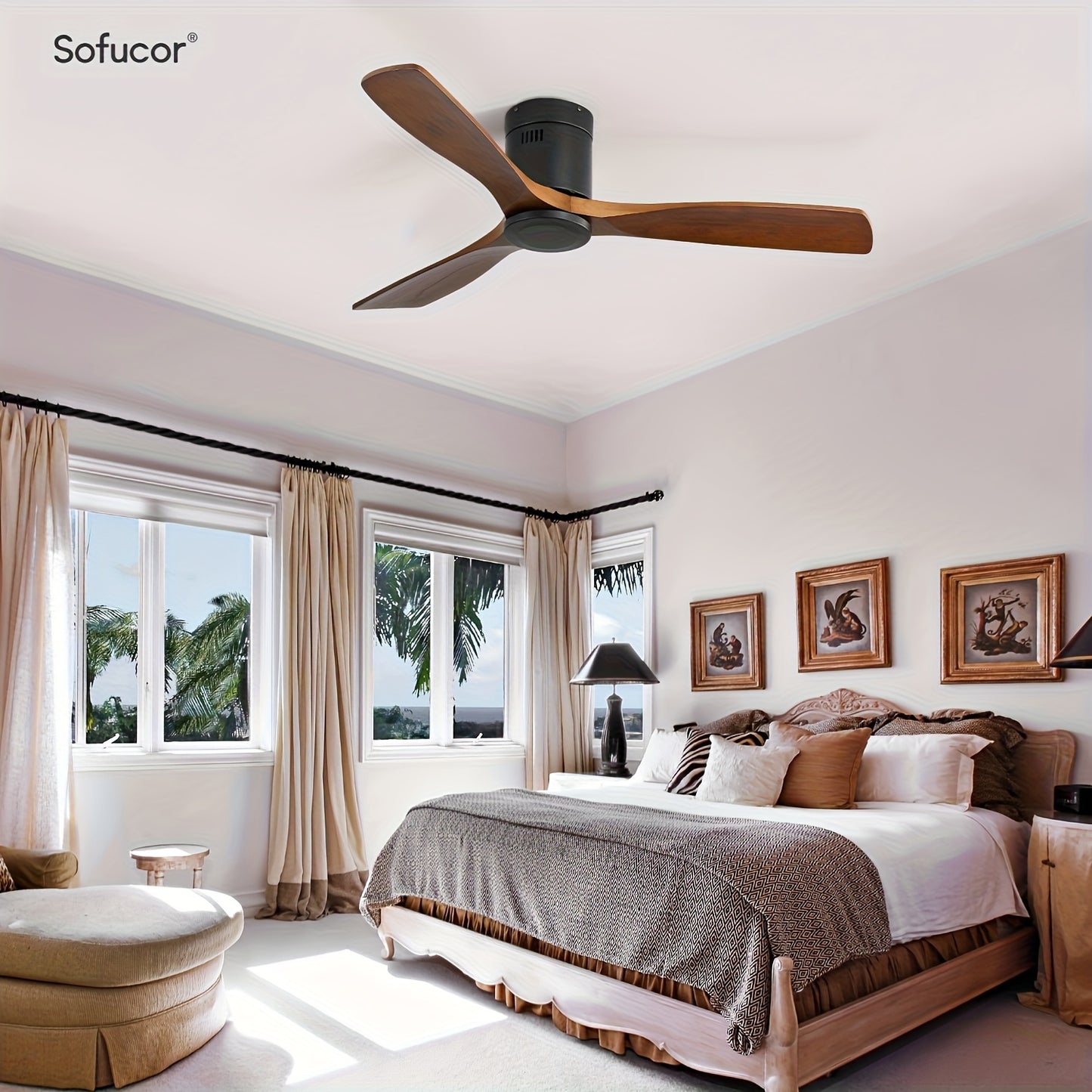 Plafondventilator – Ventilator Plafond – Plafonniere – Ventilator Binnen – Ventilator Buiten – Laag Profiel – 3 Houten Bladen – Fluisterstille DC Motor – Afstandsbediening