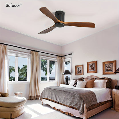 Plafondventilator – Ventilator Plafond – Plafonniere – Ventilator Binnen – Ventilator Buiten – Laag Profiel – 3 Houten Bladen – Fluisterstille DC Motor – Afstandsbediening