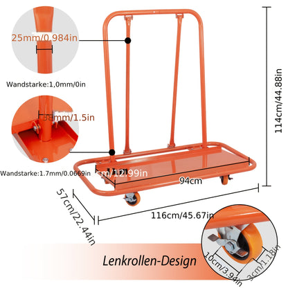 Plaatentrolley – Platenwagen – Rigips Trolley – Panelentrolley – Transportwagen – Draagvermogen 1000 kg – Robuust Stalen Frame – Oranje