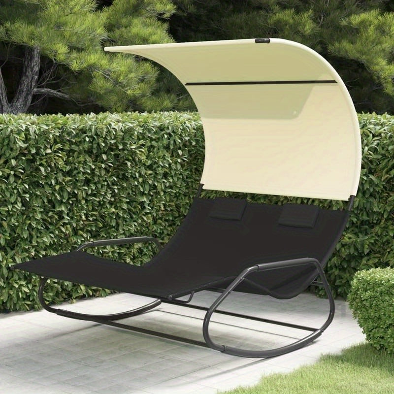 Twee Persoons Schommelstoel – Dubbele Loungestoel – Patio Schommelstoel – Tuinstoel Met Overkapping – Zwarte Stalen Frame – Ergonomisch Zitcomfort – Crèmekleurige Zonwering