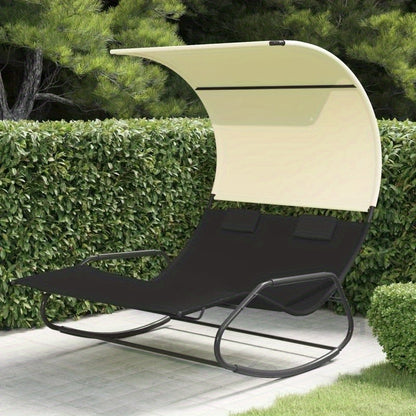Twee Persoons Schommelstoel – Dubbele Loungestoel – Patio Schommelstoel – Tuinstoel Met Overkapping – Zwarte Stalen Frame – Ergonomisch Zitcomfort – Crèmekleurige Zonwering