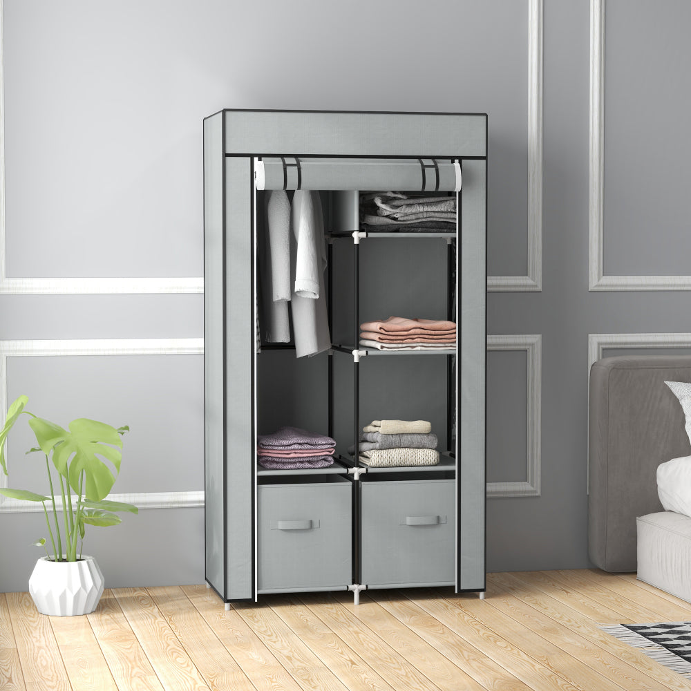 Kledingkast – Garderobekast – Opbergkast – Kleerkast – Vouwkast – 5 Kledingstangen – Stevig Metalen Frame – Lichtgrijs Textiel – Inklapbaar – Makkelijk Te Monteren