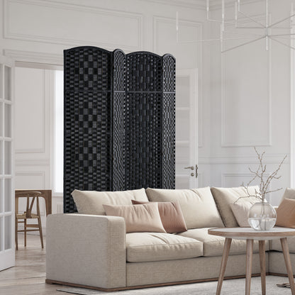 Kamerscherm – Room Divider – Scheidingswand – Paravent – Privacy Scherm – 4 Panelen – Handgeweven Rattan Papier – Paulownia Hout – 360° Draaibare Scharnieren – Zwart