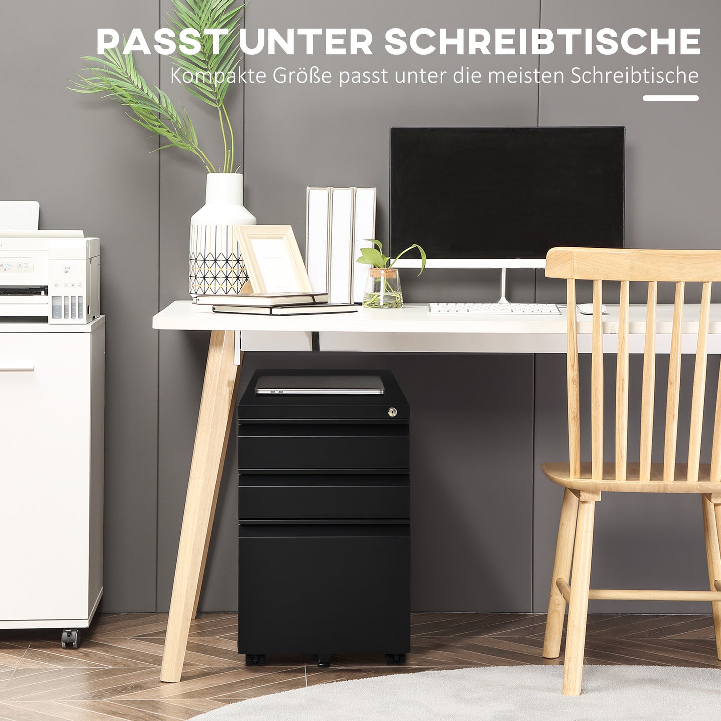 Rollcontainer – Ladenkast – Archiefkast – Bureaukast – Opbergkast – Zwart Stalen Bureaukast – 3 Laden Met Centrale Vergrendeling – 4 Zwenkwielen, Compact 39x48x60 cm