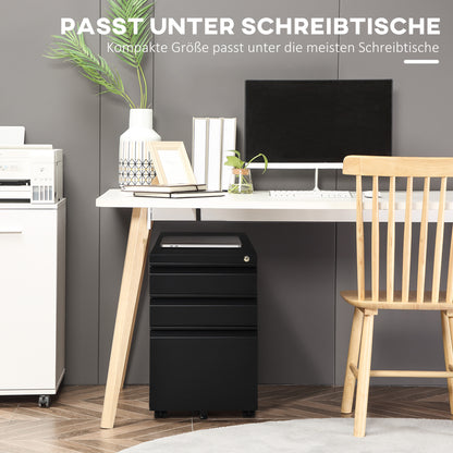 Rollcontainer – Ladenkast – Archiefkast – Bureaukast – Opbergkast – Zwart Stalen Bureaukast – 3 Laden Met Centrale Vergrendeling – 4 Zwenkwielen, Compact 39x48x60 cm