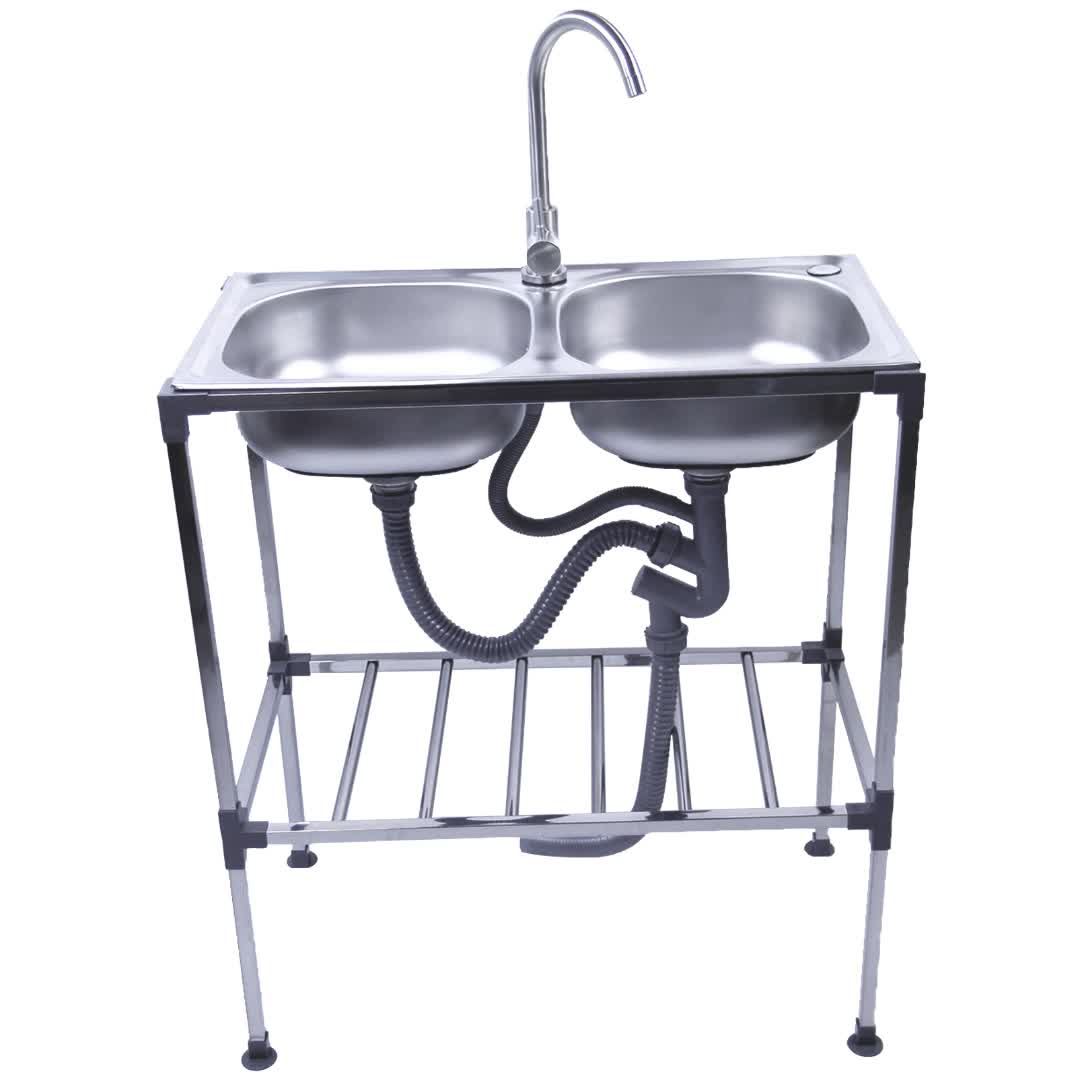 Dubbele Wasbak – RVS Spoelbak – Vrijstaande Wasbak – Draagbare Wasbak – Keuken Wasbak – Roestvrij Staal – Warm- en Koudwaterkraan – Afmetingen 75x40x83 cm