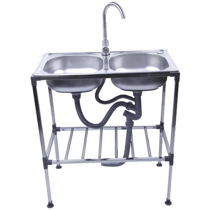 Dubbele Wasbak – RVS Spoelbak – Vrijstaande Wasbak – Draagbare Wasbak – Keuken Wasbak – Roestvrij Staal – Warm- en Koudwaterkraan – Afmetingen 75x40x83 cm