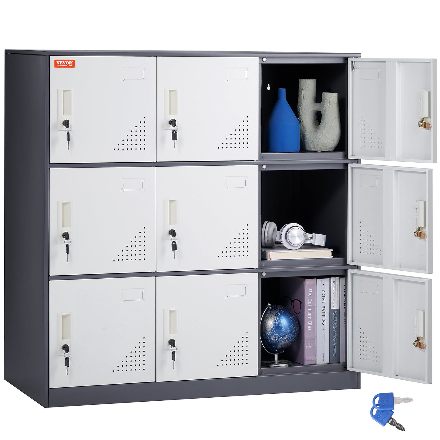 Metalen Locker – Stalen Lockers – Opslagkast – Opbergkast – Kleedkamerkast – Wit – 9 Deuren – Ventilatieopeningen – Magneetsluiting Met Sleutels