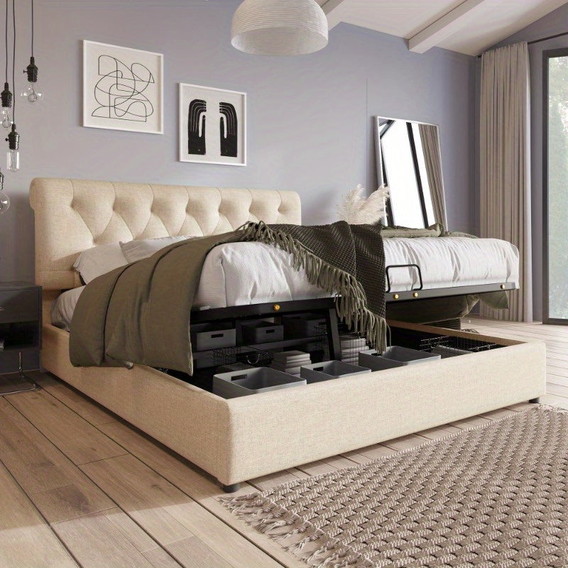 Hydraulisch Tweepersoonsbed – Verstelbaar Bedframe – Bed met Opbergruimte – Metalen Lattenbodem – Matras Inclusief – 160x200 cm – Moderne Natuurlijke Stijl – Verstelbare Hoofdbord