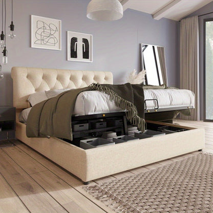 Hydraulisch Tweepersoonsbed – Verstelbaar Bedframe – Bed met Opbergruimte – Metalen Lattenbodem – Matras Inclusief – 160x200 cm – Moderne Natuurlijke Stijl – Verstelbare Hoofdbord