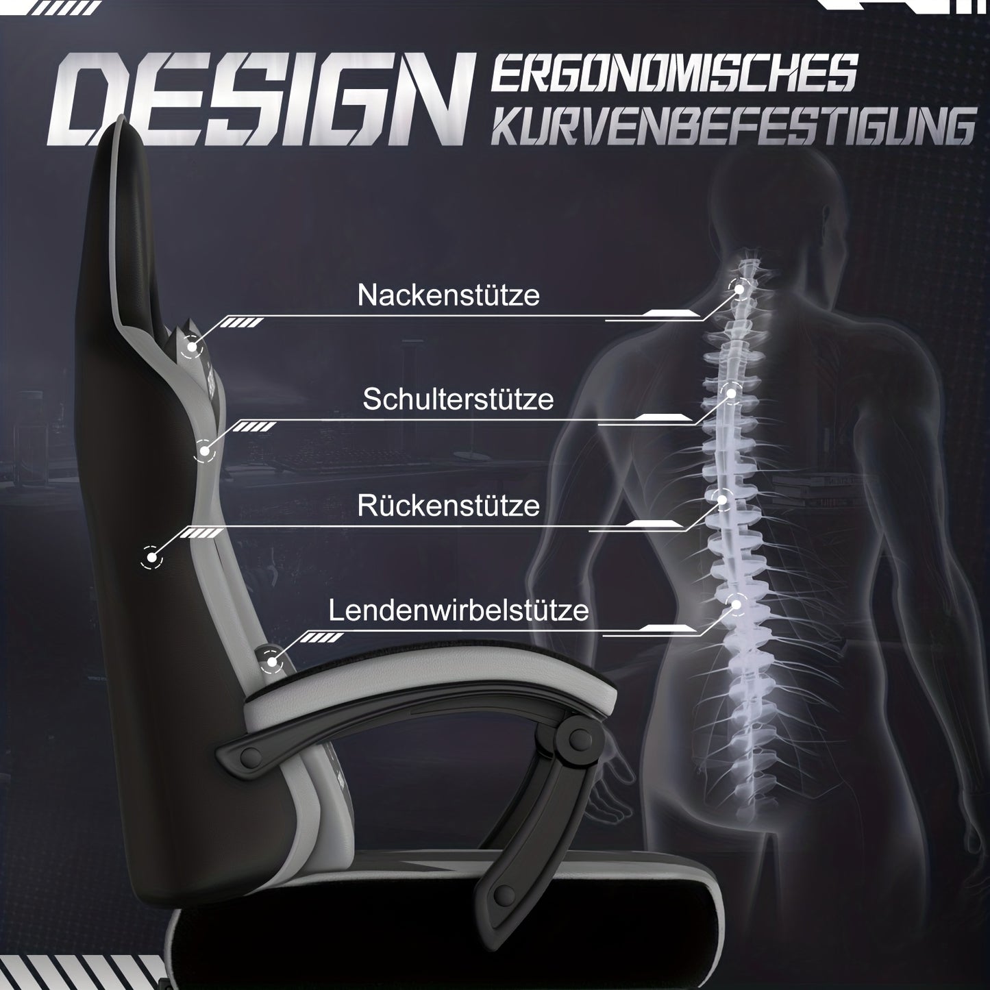 Gamingstoel – Gaming Chair – Gamestoel – PC Stoel – Bureaustoel – Ergonomisch Design – Inklapbare Voetsteun – Verstelbare Rug- en Neksteun – Draaibaar & Hoogte Verstelbaar – Max 150 Kg