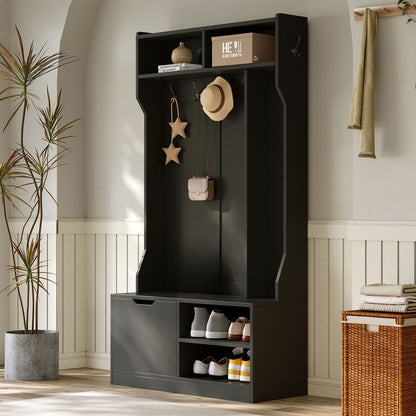 Kapstok – Garderoberek – Wandkapstok – Garderobe – Staande Kapstok – Compleet Garderobekast Met Bankje – 6 Haken – 100x185,5x40 cm – Zwart – Hoogwaardig Spaanplaat