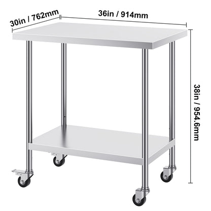 Professionele RVS Werktafel – Roestvrijstalen Werkbank – Keukentafel – Werkbank Met Wielen – Opbergtafel 30x36 Inch – Duurzaam RVS 0,8mm – 3 Verstelbare Legplanken