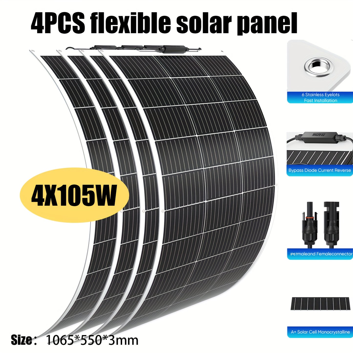 Flexibel Zonnepaneel – Solar Module – Monokristallijn Paneel – 12V Zonnecel – Camping Zonnepaneel – 4x105W 420W – IP67 Waterdicht – Geschikt voor Caravan & Tuinhuis