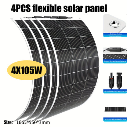 Flexibel Zonnepaneel – Solar Module – Monokristallijn Paneel – 12V Zonnecel – Camping Zonnepaneel – 4x105W 420W – IP67 Waterdicht – Geschikt voor Caravan & Tuinhuis