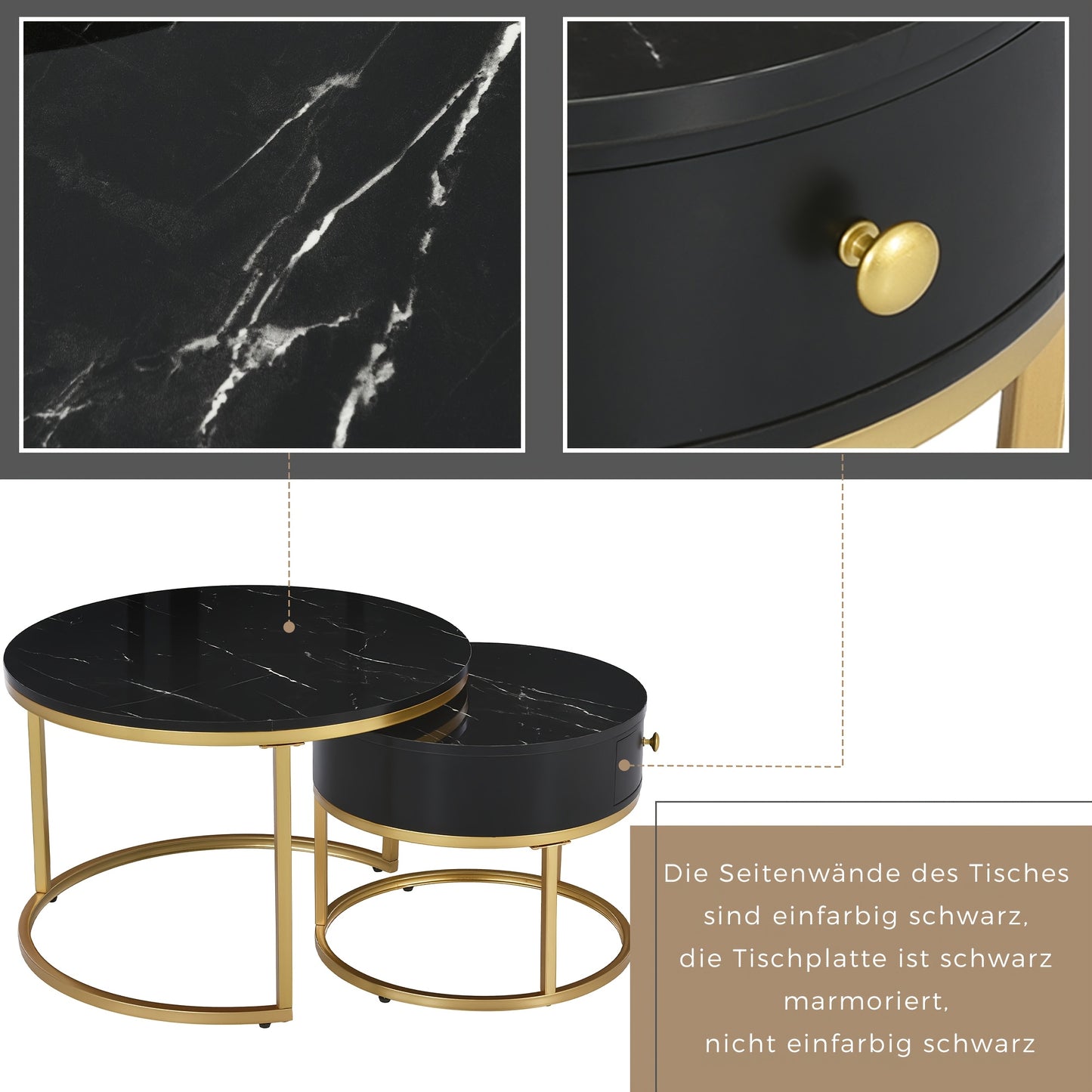 Salontafel – Koffietafel – Bijzettafel – Ronde Tafel – Woonkamertafel – Hoogglans – Imitatie Marmer Structuur – Twee Maten – Zwart