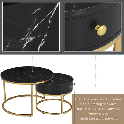 Salontafel – Koffietafel – Bijzettafel – Ronde Tafel – Woonkamertafel – Hoogglans – Imitatie Marmer Structuur – Twee Maten – Zwart
