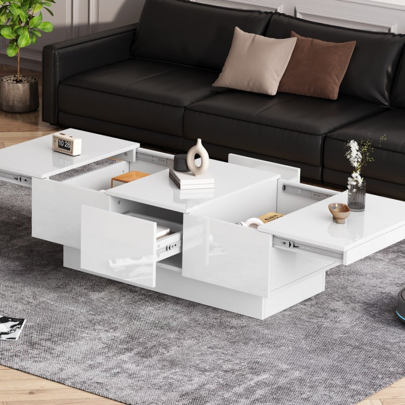Salontafel – Woonkamertafel – Koffietafel – Bijzettafel – Tafel – Hoogglans Wit – Uitschuifbaar – Met 2 Lades en Verborgen Opbergruimte