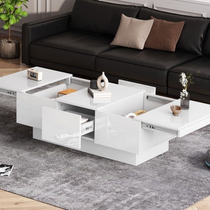 Salontafel – Woonkamertafel – Koffietafel – Bijzettafel – Tafel – Hoogglans Wit – Uitschuifbaar – Met 2 Lades en Verborgen Opbergruimte