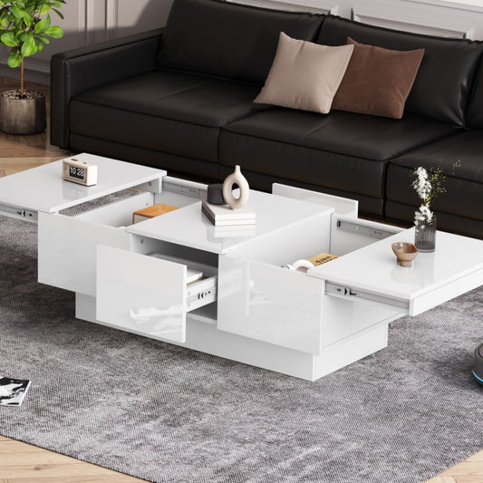 Salontafel – Woonkamertafel – Koffietafel – Bijzettafel – Tafel – Hoogglans Wit – Uitschuifbaar – Met 2 Lades en Verborgen Opbergruimte