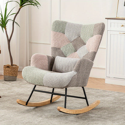 Schommelstoel – Lounge Chair – Fauteuil – Relaxstoel – Tuinstoel – Met rubberhouten frame – Memory foam zitkussen & lendensteun – Inclusief voetenbankje (49x38x37 cm) – Multicolor design