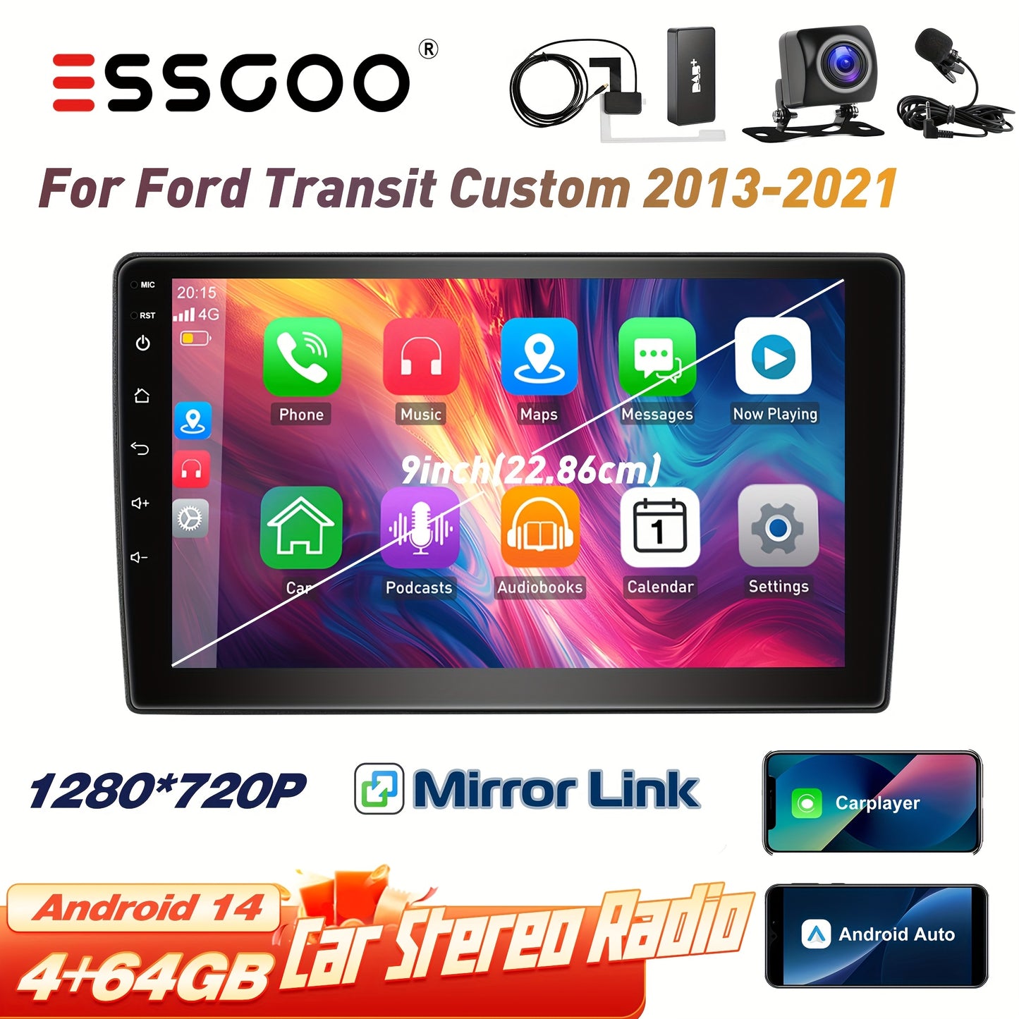 Multimedia Android Autoradio – 2-DIN Auto Stereo – Navigatiesysteem – Touchscreen Radio – 9 Inch IPS Scherm – Wireless CarPlay & Android Auto – Quad-Core 4GB RAM – Inclusief Camera, Microfoon en DAB+