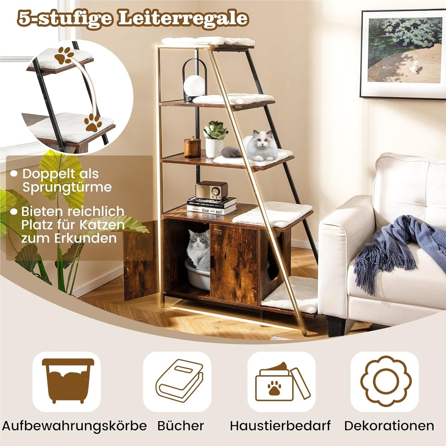 Kattenhuis – Kattenmeubel – Kattenkast – Kattenbakkast – Krabmeubel – Met Opbergruimte en Afneembare Wasbare Matten – Ventilatie en Anti-Kantel Veiligheid – Bruin
