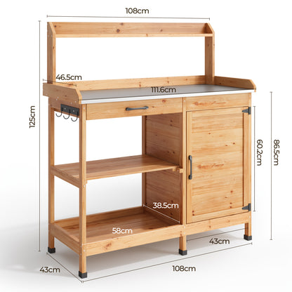 Tuinwerkbank – Werktafel Tuinieren – Plantentafel Met Opbergruimte – Tuinkast Met Planken – Werkbank Met Metalen Werkblad – Houtkleur Variant – Stevig Metalen Werkblad – Handige Zijhaken