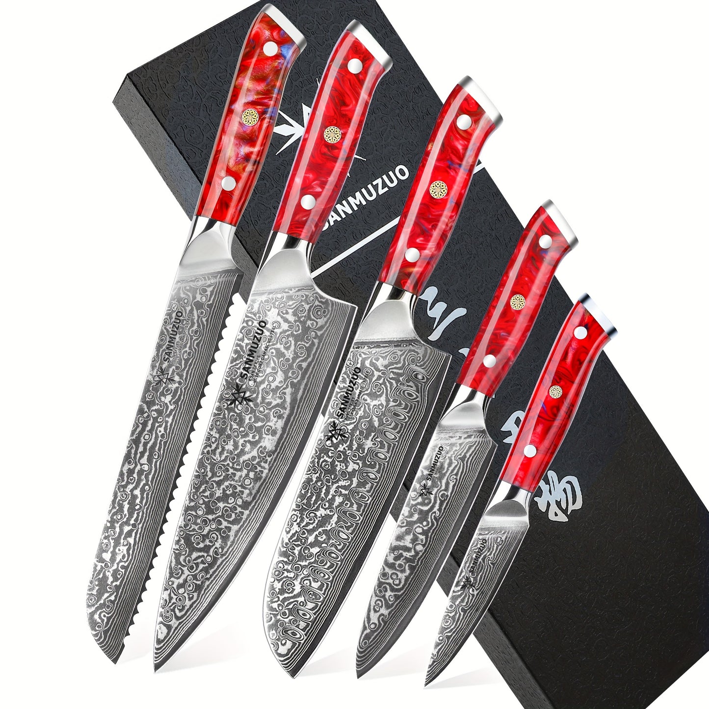 Damessmessenset – Keukenmessenset – Koksmes Set – Japanse Messen – Vleesmessen – 5-delig – VG-10 Damaststaal – Resin Handvat – Ultiem Scherp – Rood