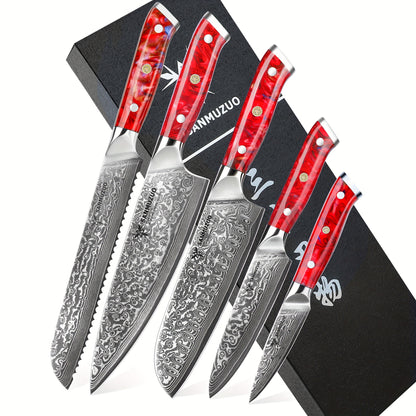 Damessmessenset – Keukenmessenset – Koksmes Set – Japanse Messen – Vleesmessen – 5-delig – VG-10 Damaststaal – Resin Handvat – Ultiem Scherp – Rood