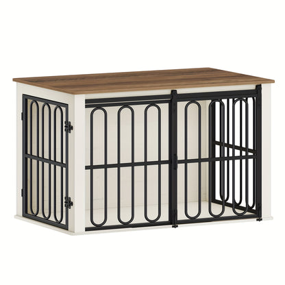 Hondenbench – Hondenhok – Hondenkooi – Hondenren – Rustieke Bruine Houten Hondenbench Met Dubbele Schuifdeuren – 60 × 100 × 62,4 cm – Stevige Materiaalcombinatie Van Hout En Metaal