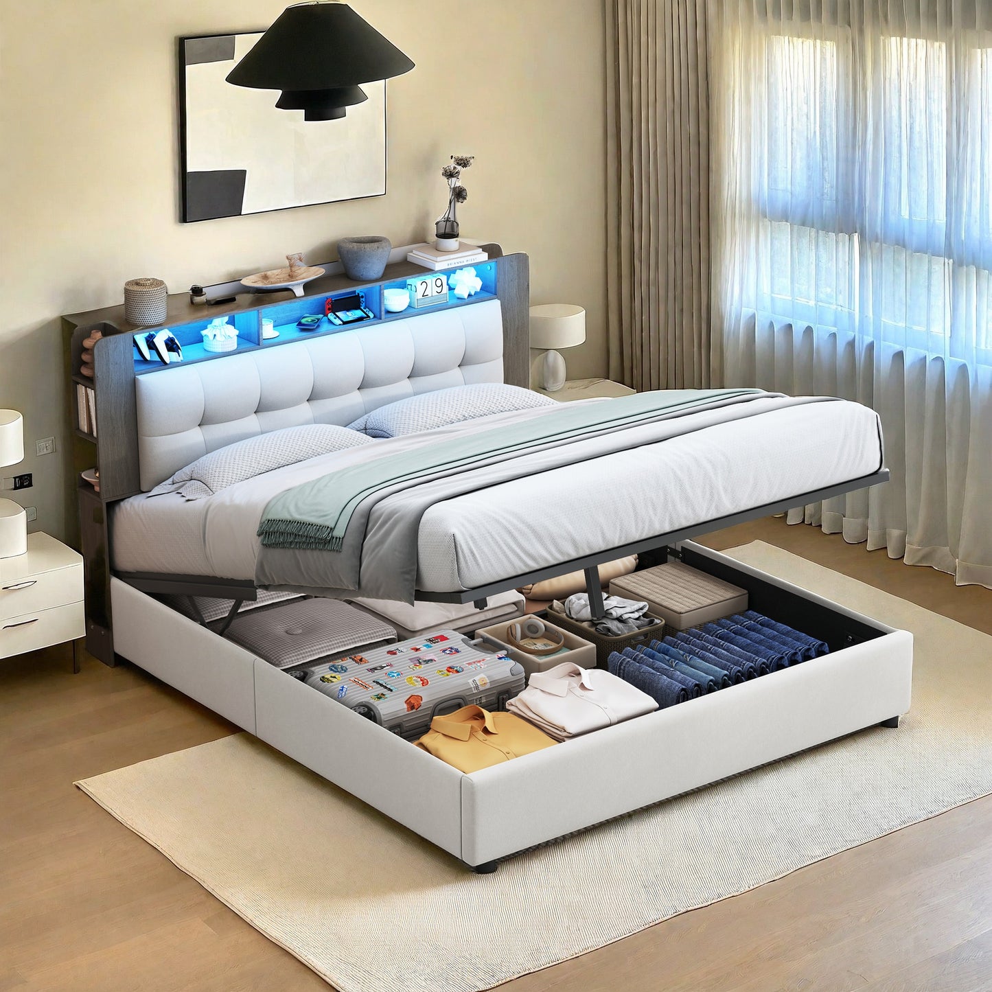 Opbergbed Double Bed – Bed Frame – Boxspring – Bedkast – Slaapbank – 160x200 cm – Verstelbare LED-Verlichting – USB Laadfunctie