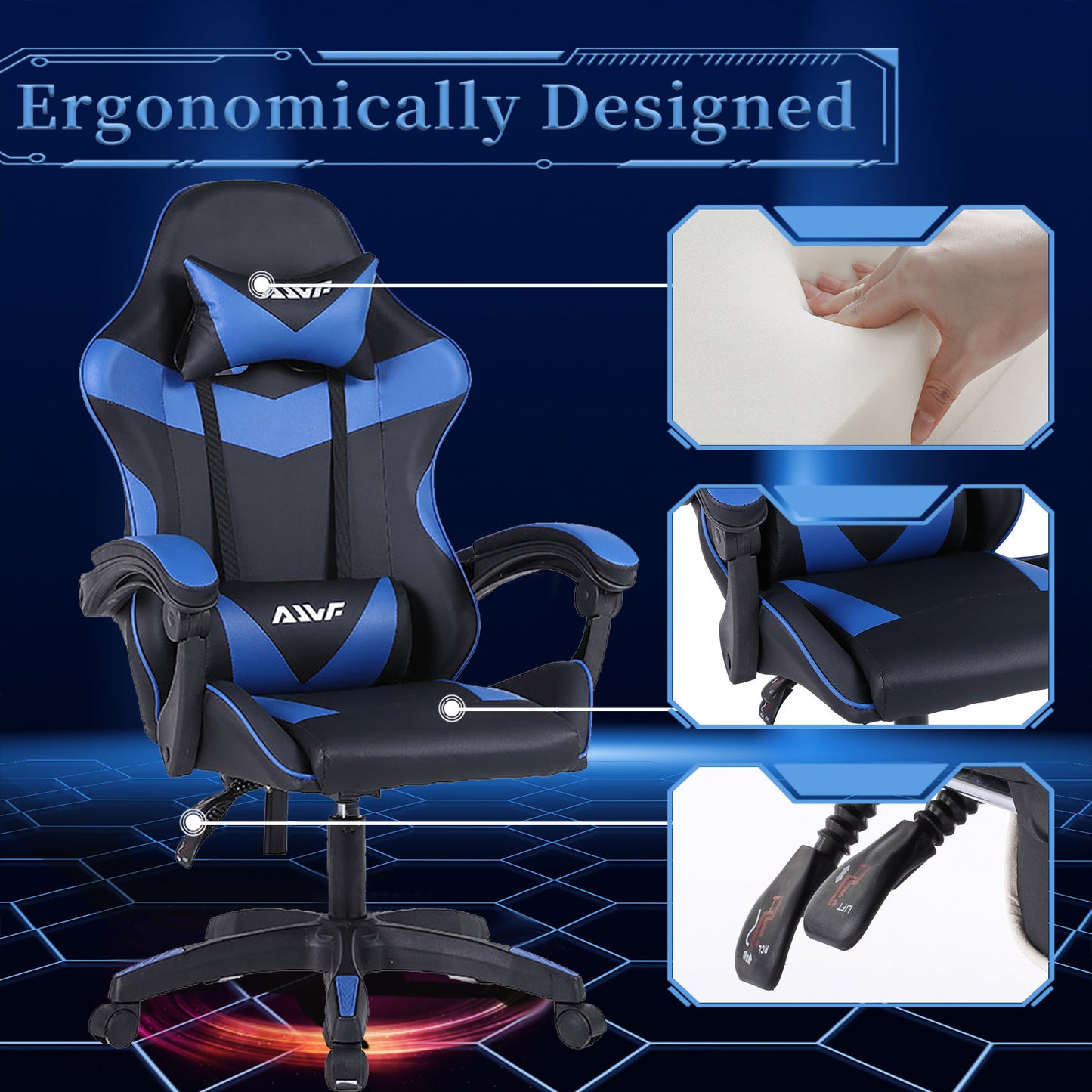 Gamingstoel – Gamestoel – Bureaustoel – Gaming Chair – Game Stoel – Ergonomische Lendensteun – Aluminium Frame – Zwart-Blauw