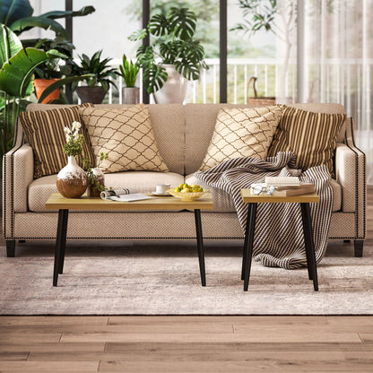 Koffietafelset – Salontafel – Bijzettafel – Woonkamertafel – Sofa Tafel – 2-delig – Metalen Frame & Natuurlijk Houten Blad
