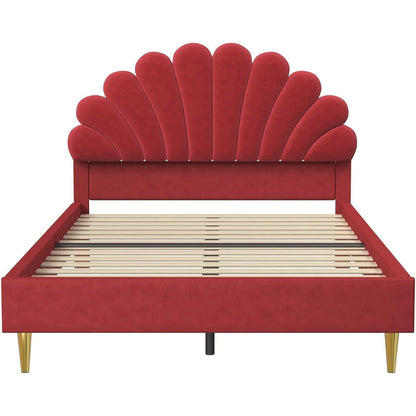 Bedbodem 140x200 cm – Bedframe – Slaapkader – Plattformbed – Boxspringbed – Bordeaux Velvet Bloemenhoofdeinde – Stevig Massief Houten Frame – Geen Boxspring Nodig
