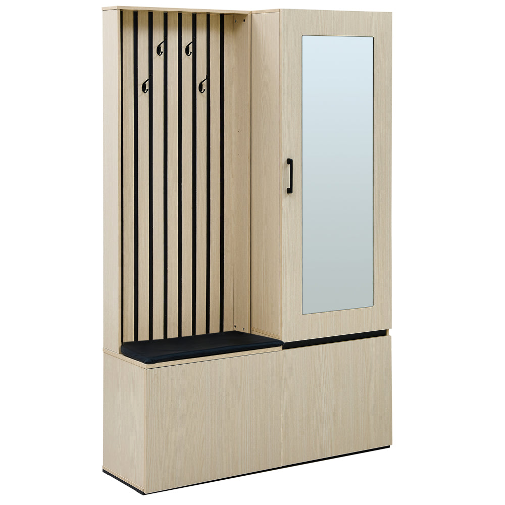 Halmeubel – Kapstok – Schoenenkast – Garderobe – Opbergmeubel – Met Spiegel en Bankje – Uittrekbare Kledingrail en 4 Haken – Ruimtebesparend Design voor Kleine Hal