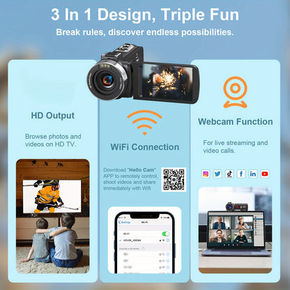 8K Videocamera – Camcorder – Vlogcamera – Digitale Camera – Nachtcamera – 64MP Fotoresolutie – Infrarood Nachtzicht – Zwart