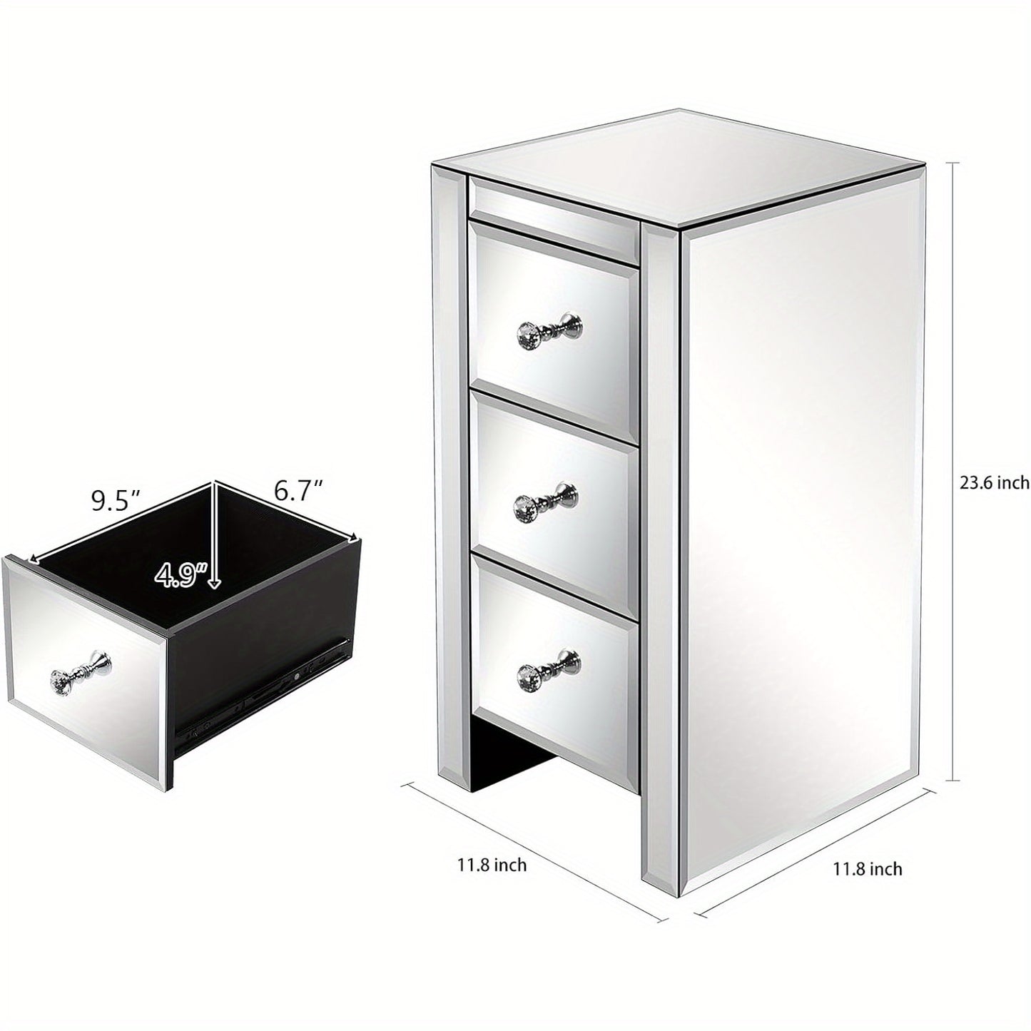 Spiegelend Nachtkastje – Spiegelend Nachtkastje – Bedkastje – Opbergkastje – Ladekastje – 30 x 30 x 60 cm – Met 3 Lades – Met Verstelbare Poten